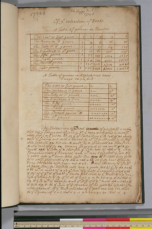17.–18. gadsimta matemātikas rokraksta lapa ar sakņu izvilkšanas tabulām